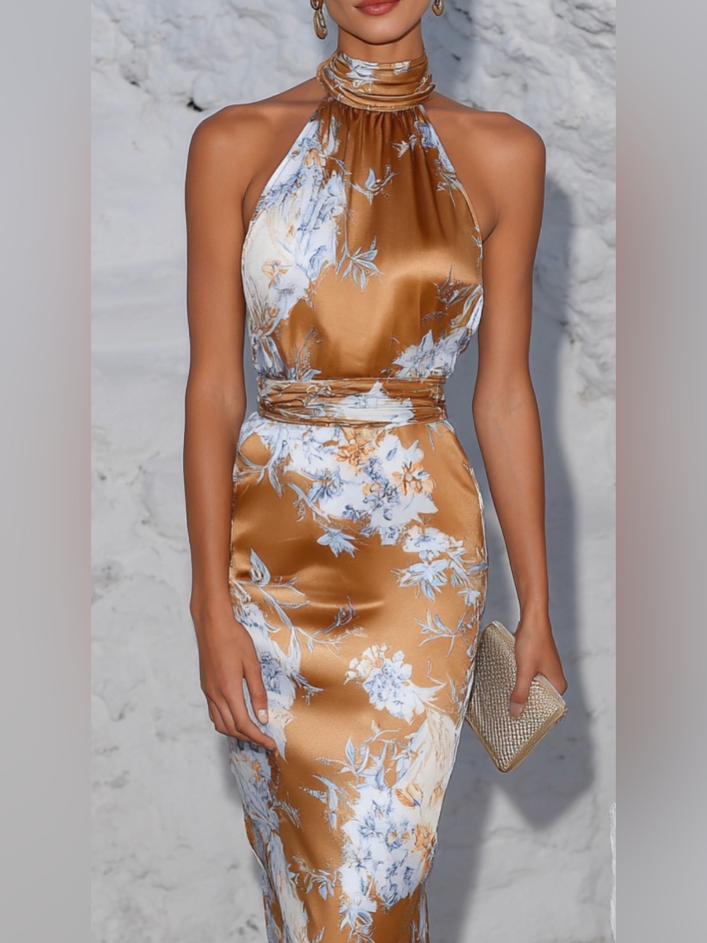 Halter Floral Satin Midi Dress in Rust #395 - Picture 5 of 10
